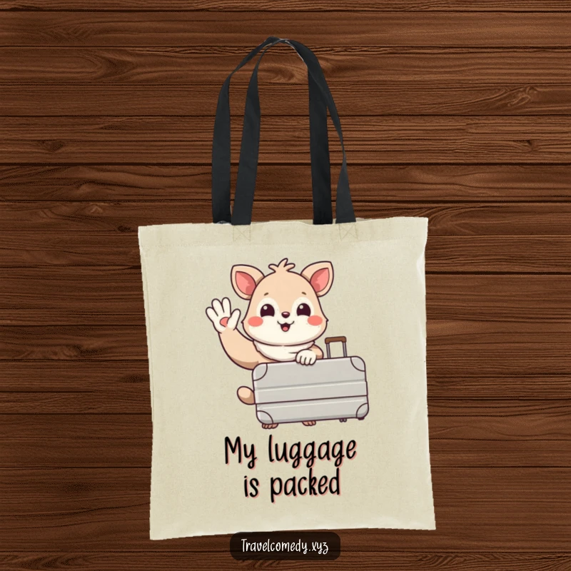 Funny tote bag: happy animal character with a large suitcase, waving goodbye with a smile, ideal for travel essentials.