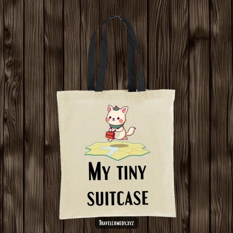 Funny tote bag print of a stylized animal with tiny luggage, energetically hopping across a stylized map.